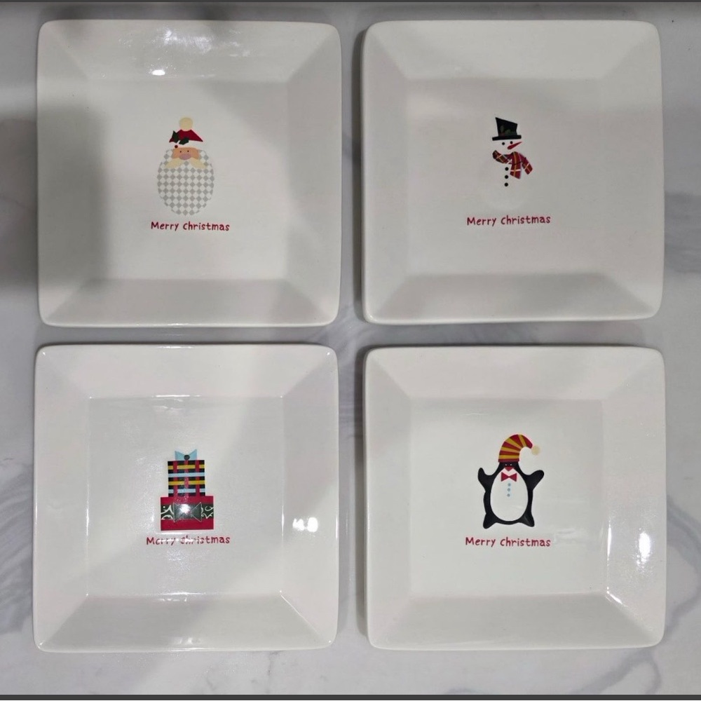 Retired Sue Zulauf CHRISTMAS CUTOUTS 7.5” Square Salad/ Dessert Plates Set of 4